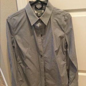 Gray button down shirt with black mini polka dots